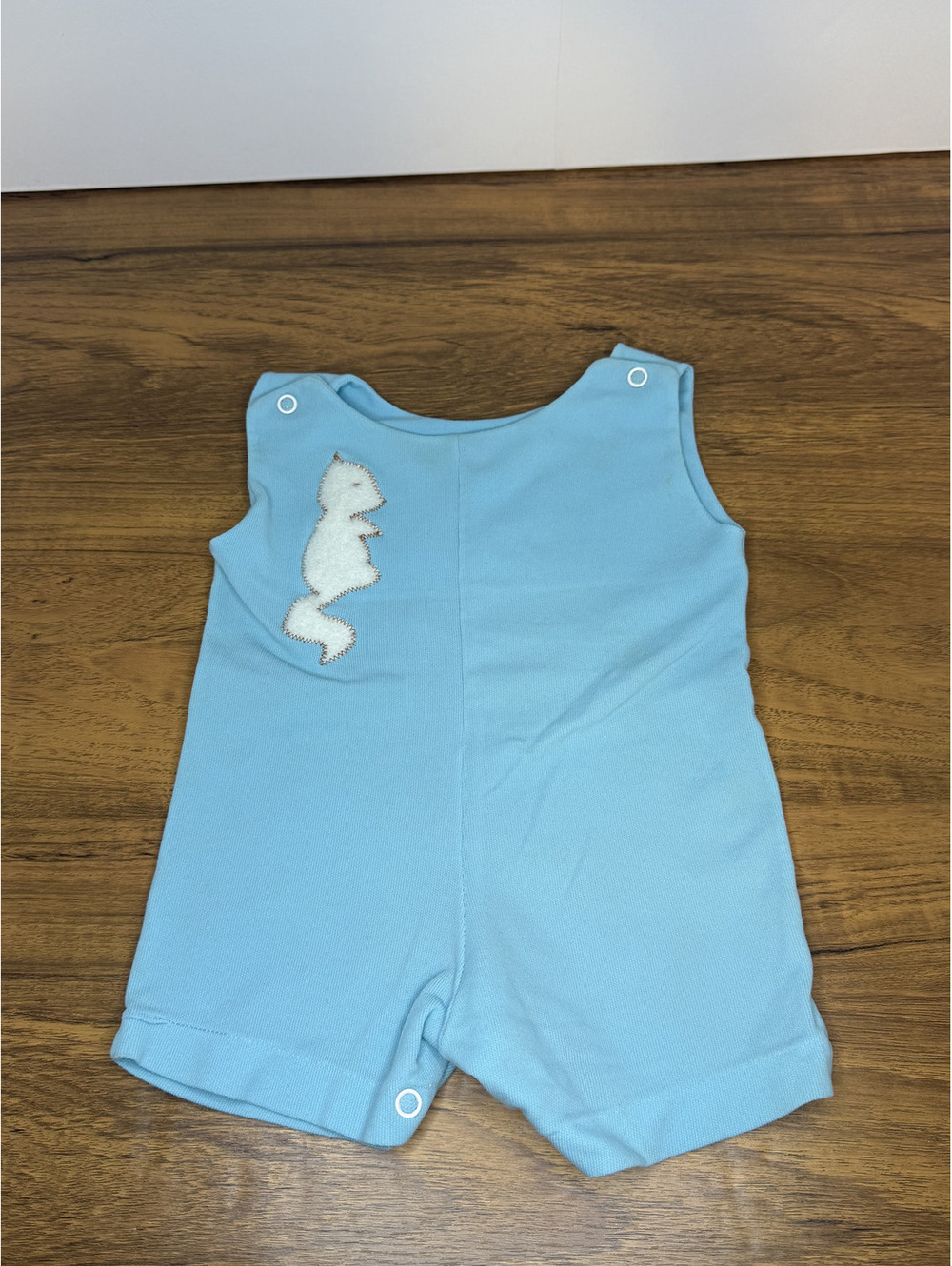 Vintage Baby Blue One-Piece Outfit with Squirrel Applique – Size Large